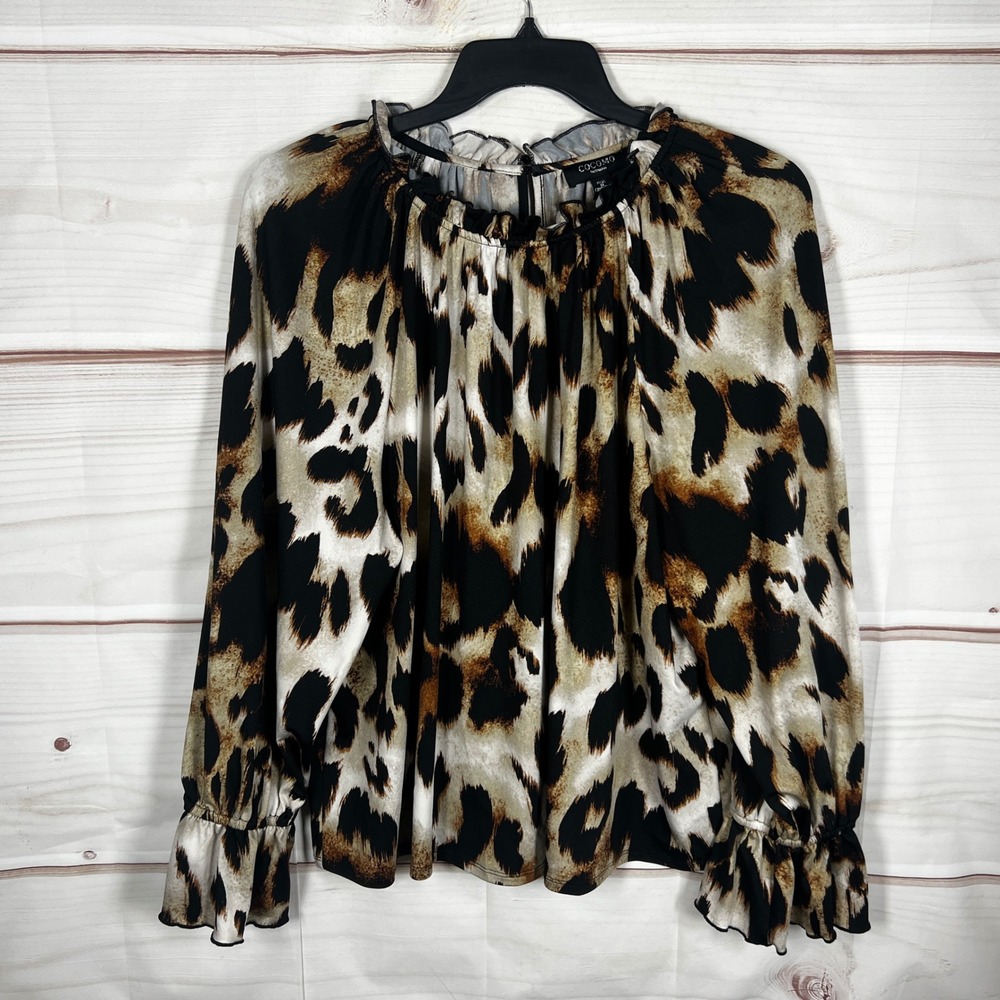 COCOMO Blouse Womens 2X Brown Leopard Print Ruffle Cuff Long Sleeve Knit Stretch